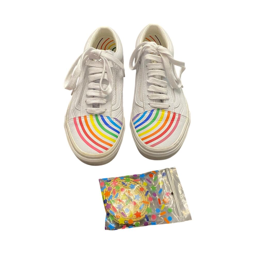 Vans x Flour Shop White Old Skool Leather Rainbow Sneakers Women’s 9 Pride Fun